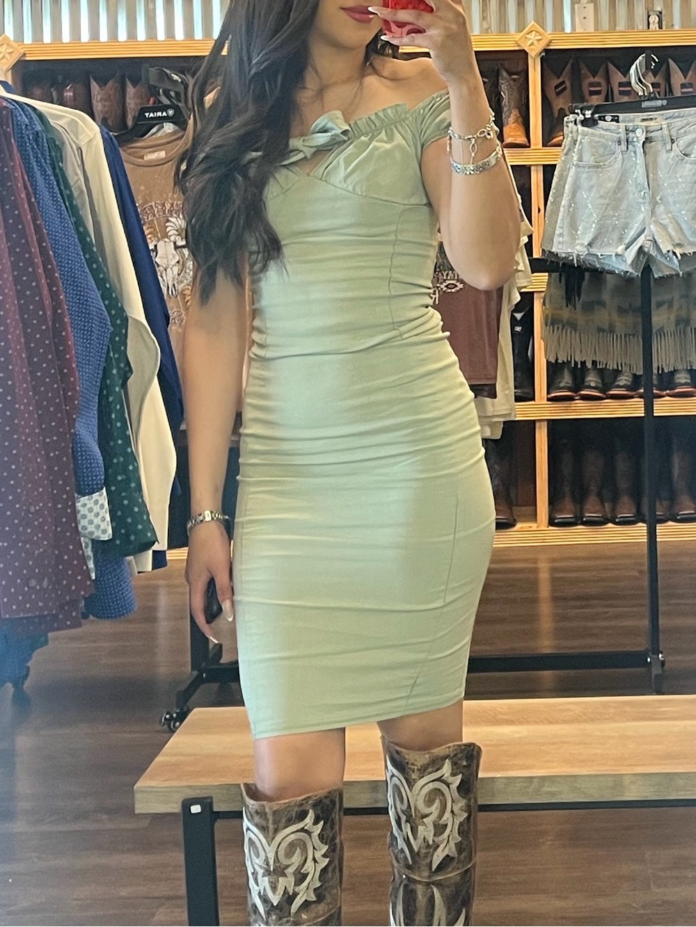Satin Ruched One-Shoulder Dress in Sage Green
